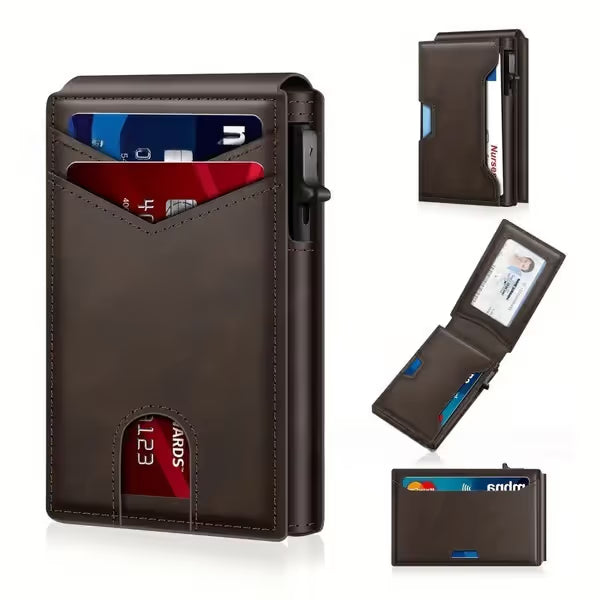 Front Pocket Men Aluminum Leather RFID Wallet | Pop Up Card & Cash Slots