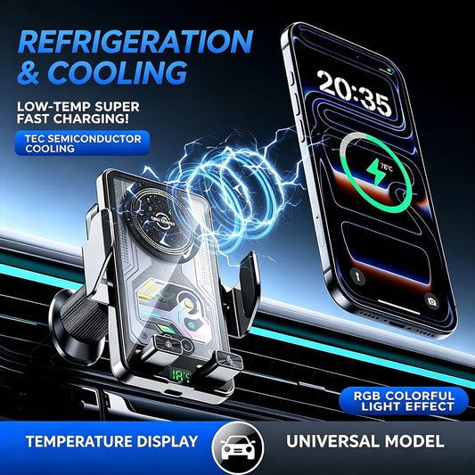 2026 New Cooling Wireless Fast Charging Car Phone Mount With Temp Display