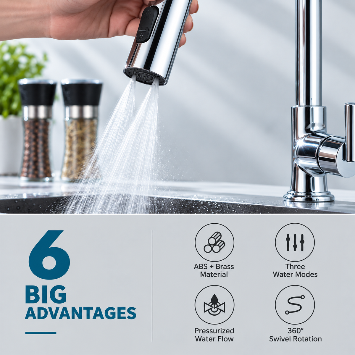 💦 360° Swivel Faucet Sprayer – 3 Spray Modes for Easy Cleaning