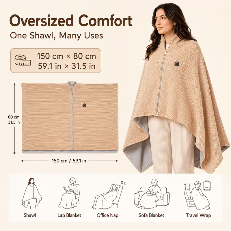Wearable heated shawl dimensions of 150 by 80 centimeters with different ways to use it