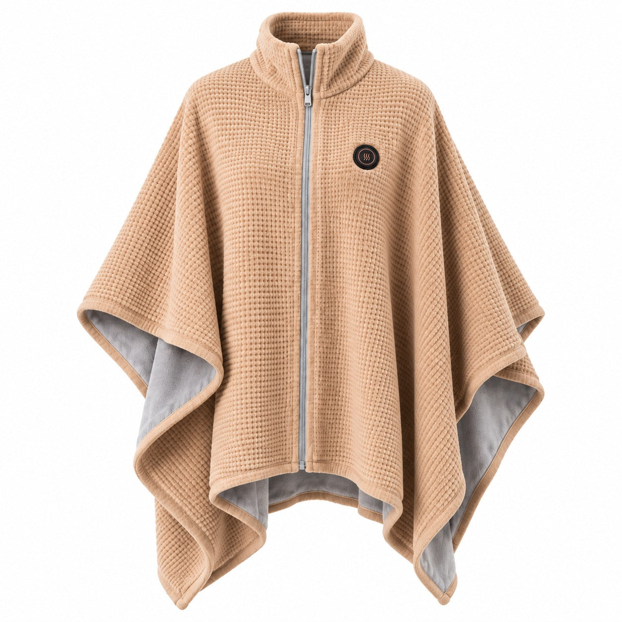 Beige heated blanket shawl showing knit outer fabric, fleece lining and front zipper