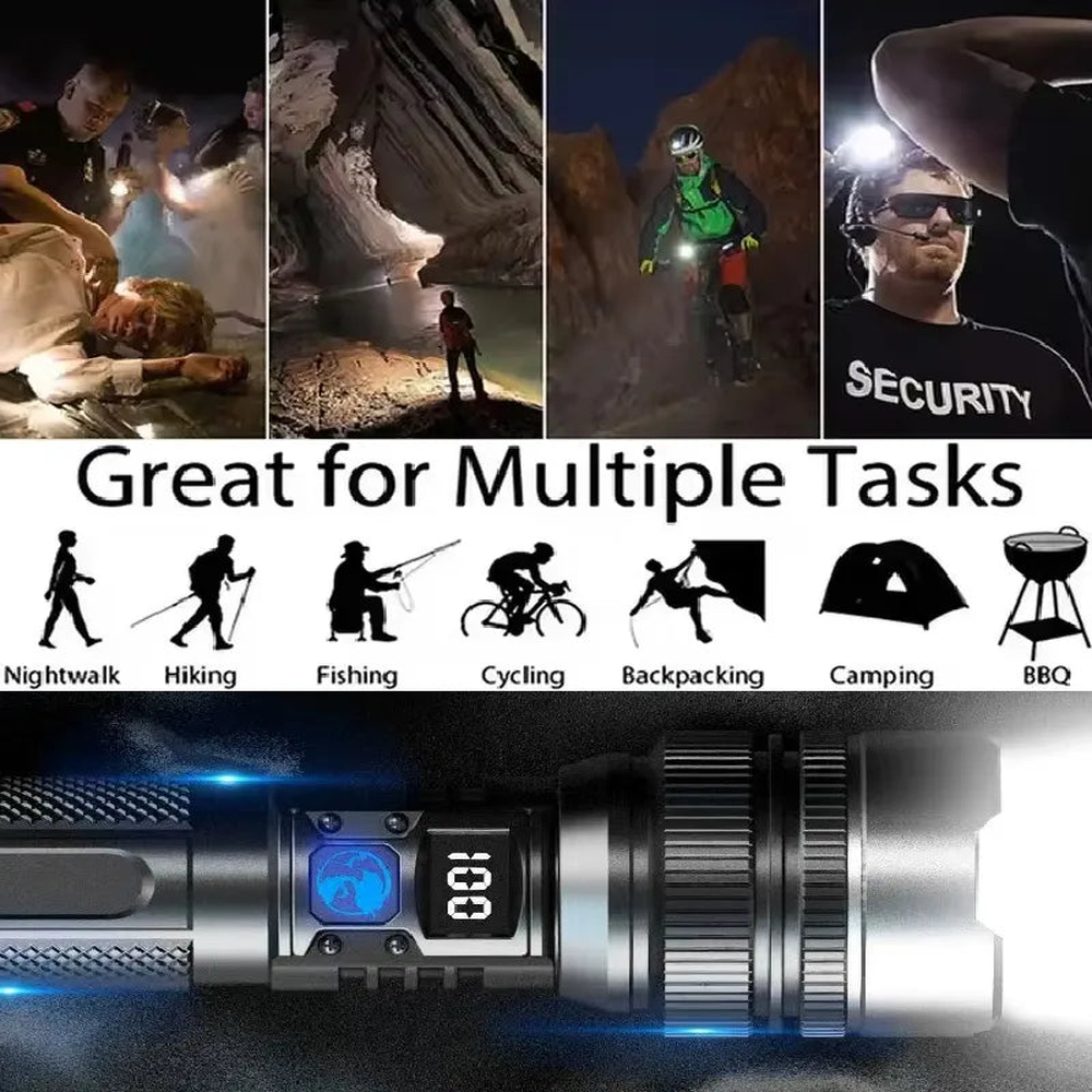 🔦 High-Power Rechargeable Zoom Flashlight, Power Bank & Digital Battery Display