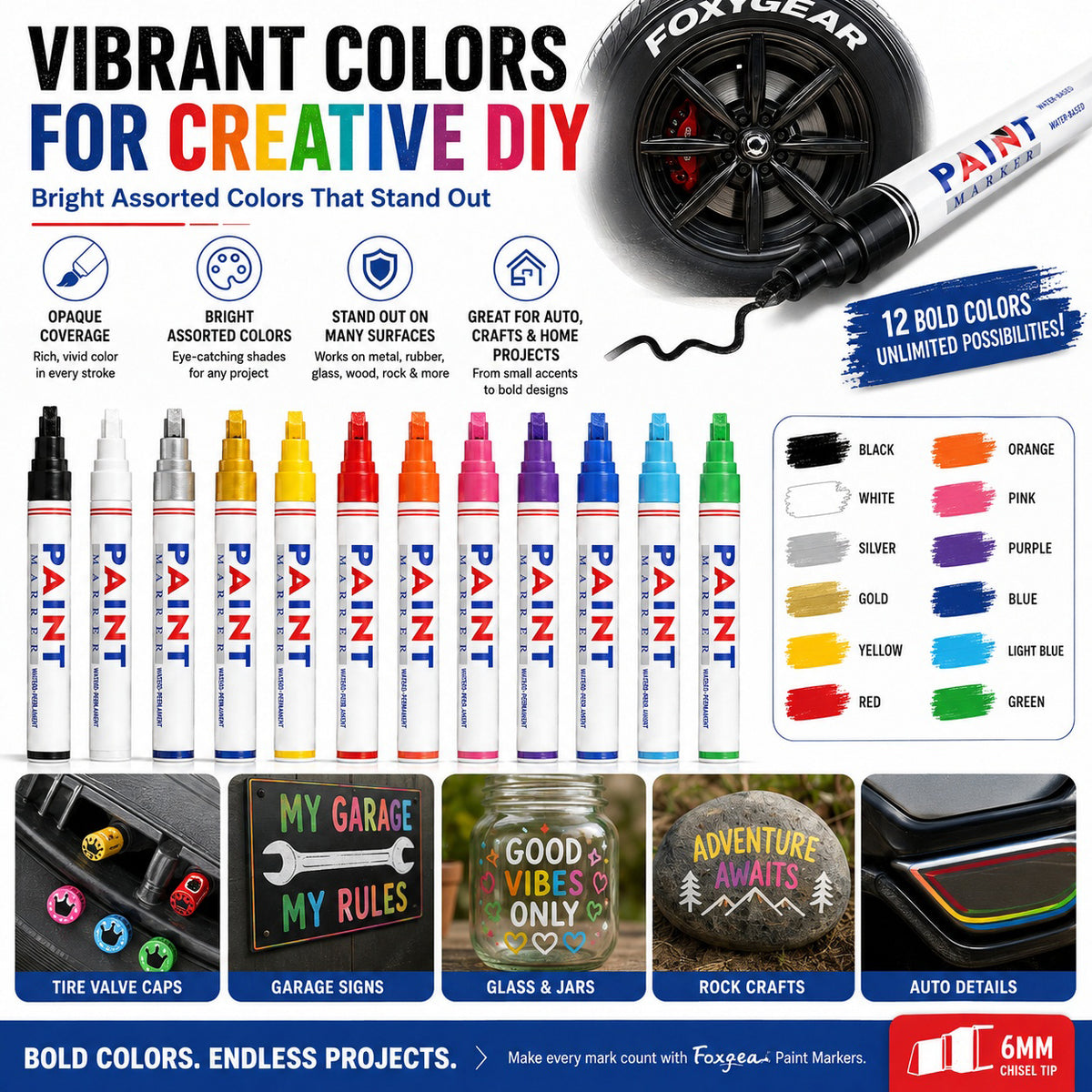 🎨12-Color Paint Marker Set – 6mm Chisel Tip for Custom Tire Lettering & DIY