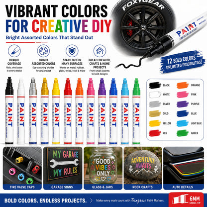 🎨12-Color Paint Marker Set – 6mm Chisel Tip for Custom Tire Lettering & DIY
