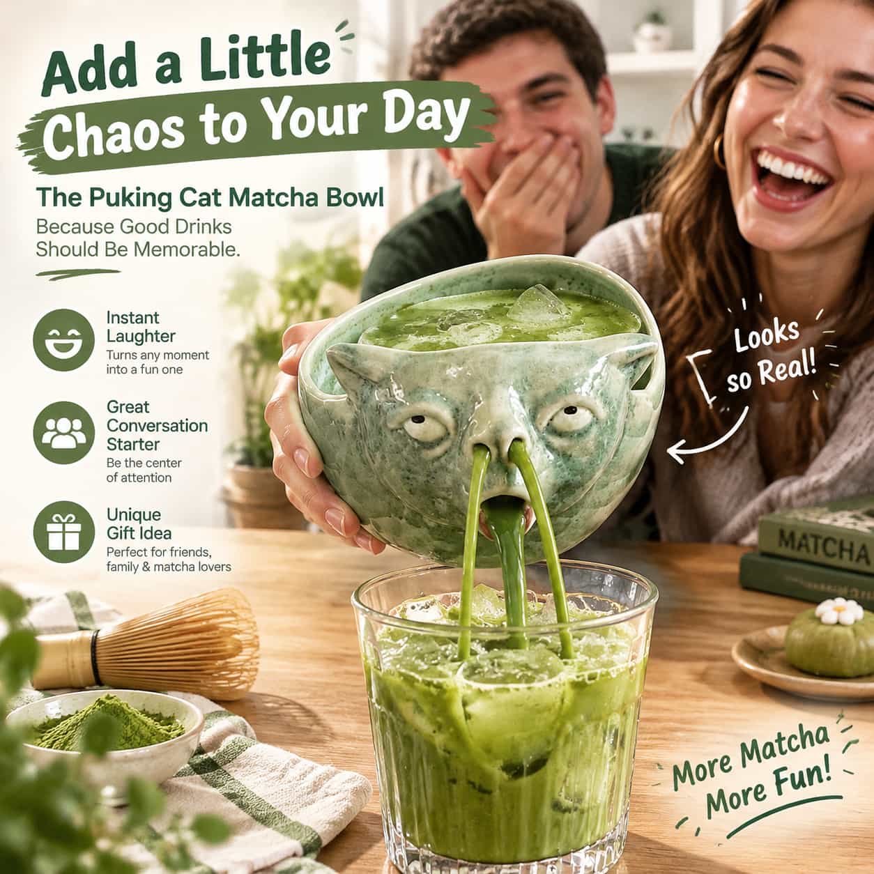 Friends laughing at the funny puking cat matcha bowl