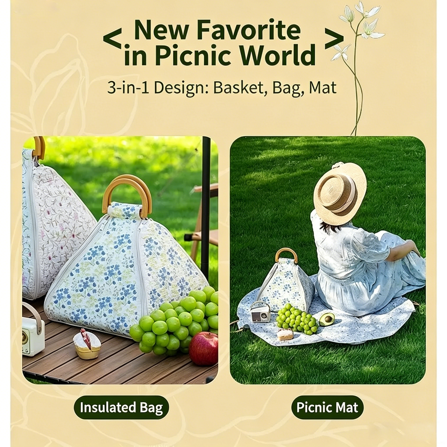 2-in-1 Cooler Bag + Removable Waterproof Picnic Mat