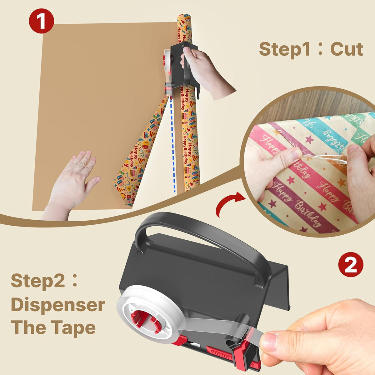 2-in-1 Gift Wrap Cutter & Tape Dispenser with Replacement Blades