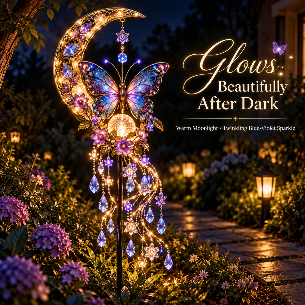 🦋Solar Butterfly Moon Crystal Cascade Garden Stake Light🌺