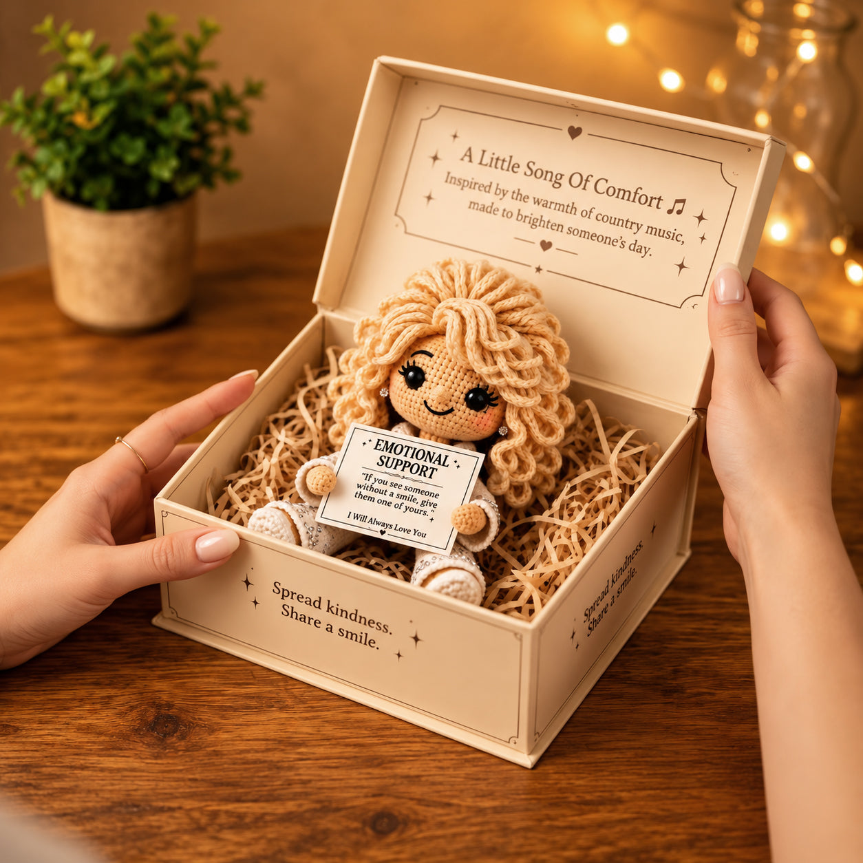 Crochet comfort doll displayed inside a warm decorative gift box