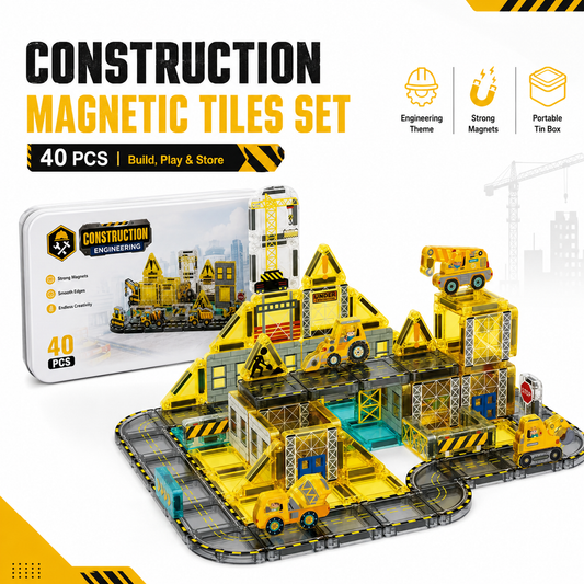 Construction & Halloween Castle Magnetic Building Tiles, STEM Toy with Tin Box for Kids 3+