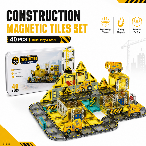 Construction & Halloween Castle Magnetic Building Tiles, STEM Toy with Tin Box for Kids 3+