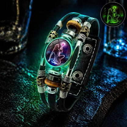 ☪️Glow-in-the-dark leather zodiac sign bracelet for men and women (6.9/8.1 inches)♑️