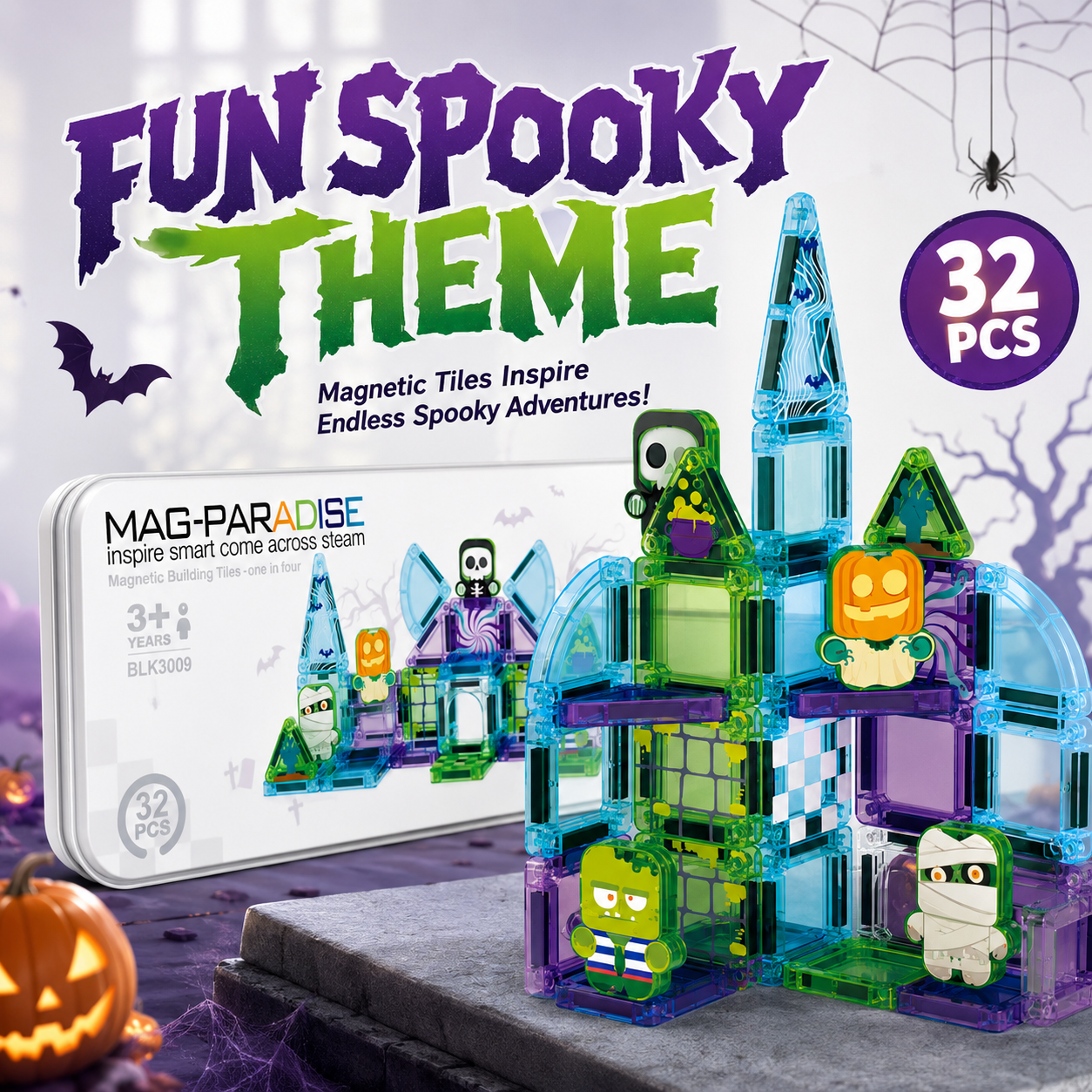 Construction & Halloween Castle Magnetic Building Tiles, STEM Toy with Tin Box for Kids 3+