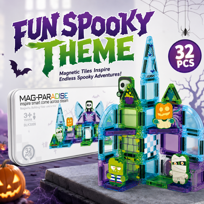 Construction & Halloween Castle Magnetic Building Tiles, STEM Toy with Tin Box for Kids 3+