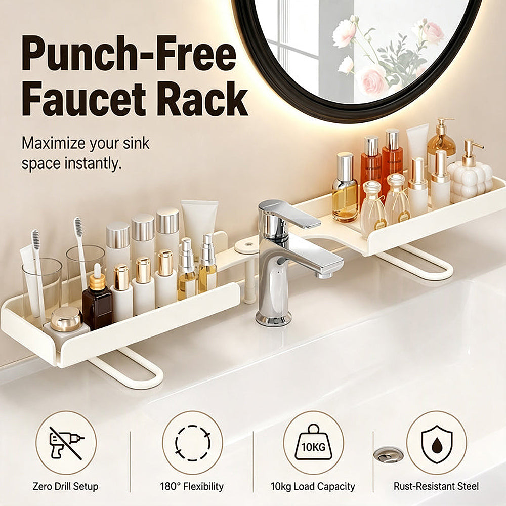 No-Drill Folding Bathroom Sink Storage Rack – Faucet-Mounted Organizer for Cosmetics & Toiletries