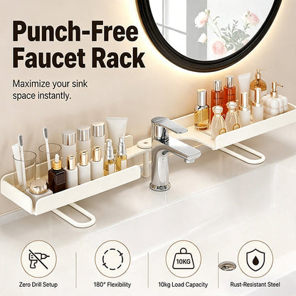 No-Drill Folding Bathroom Sink Storage Rack – Faucet-Mounted Organizer for Cosmetics & Toiletries