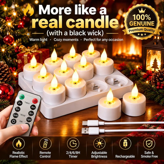 USB-C Rechargeable Remote LED Flameless Tealights with Charger & Timer