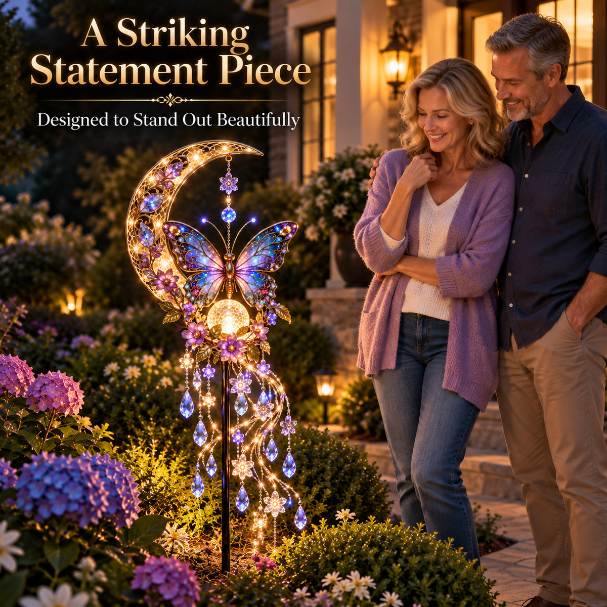 🦋Solar Butterfly Moon Crystal Cascade Garden Stake Light🌺