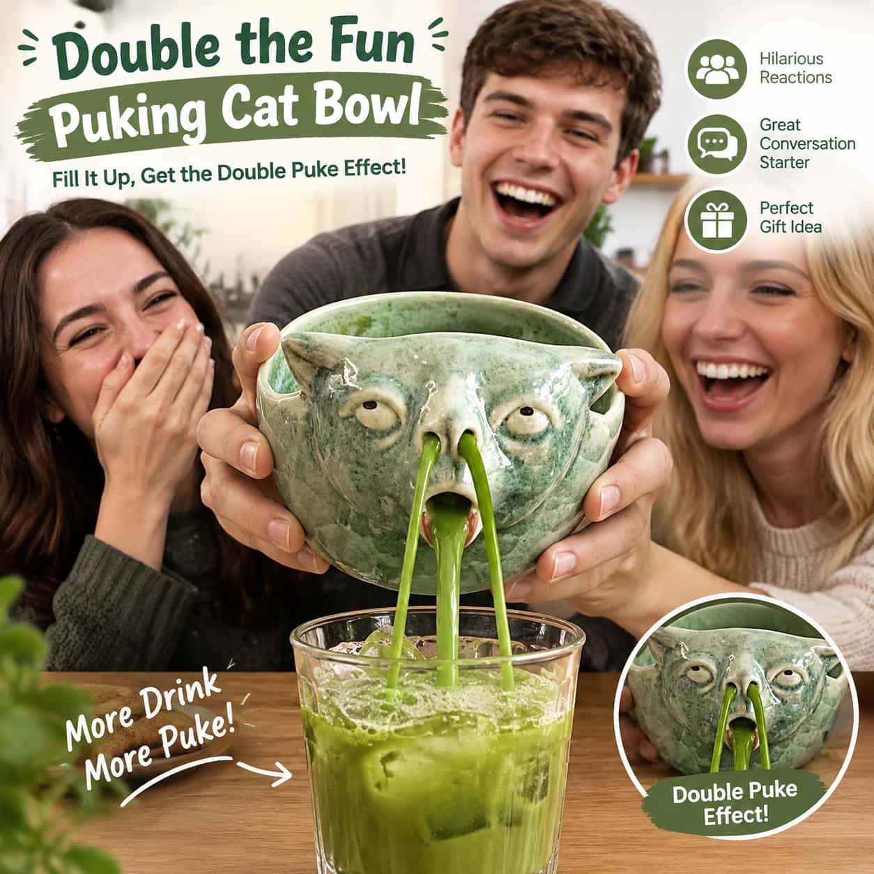 Friends sharing a laugh while holding a funny puking cat matcha bowl