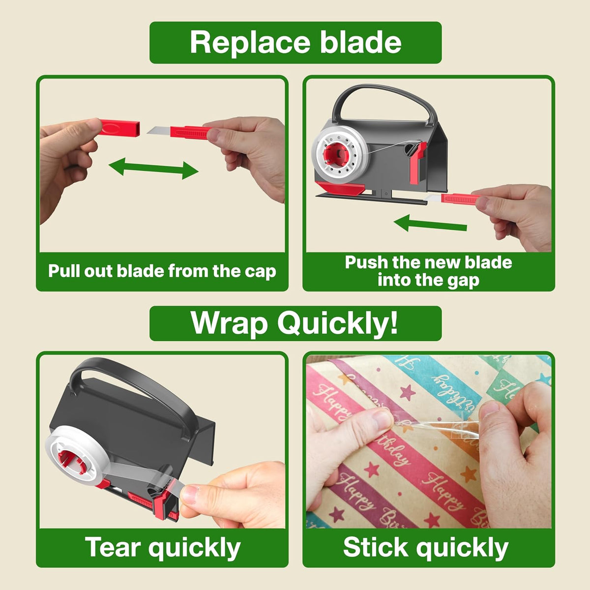 2-in-1 Gift Wrap Cutter & Tape Dispenser with Replacement Blades