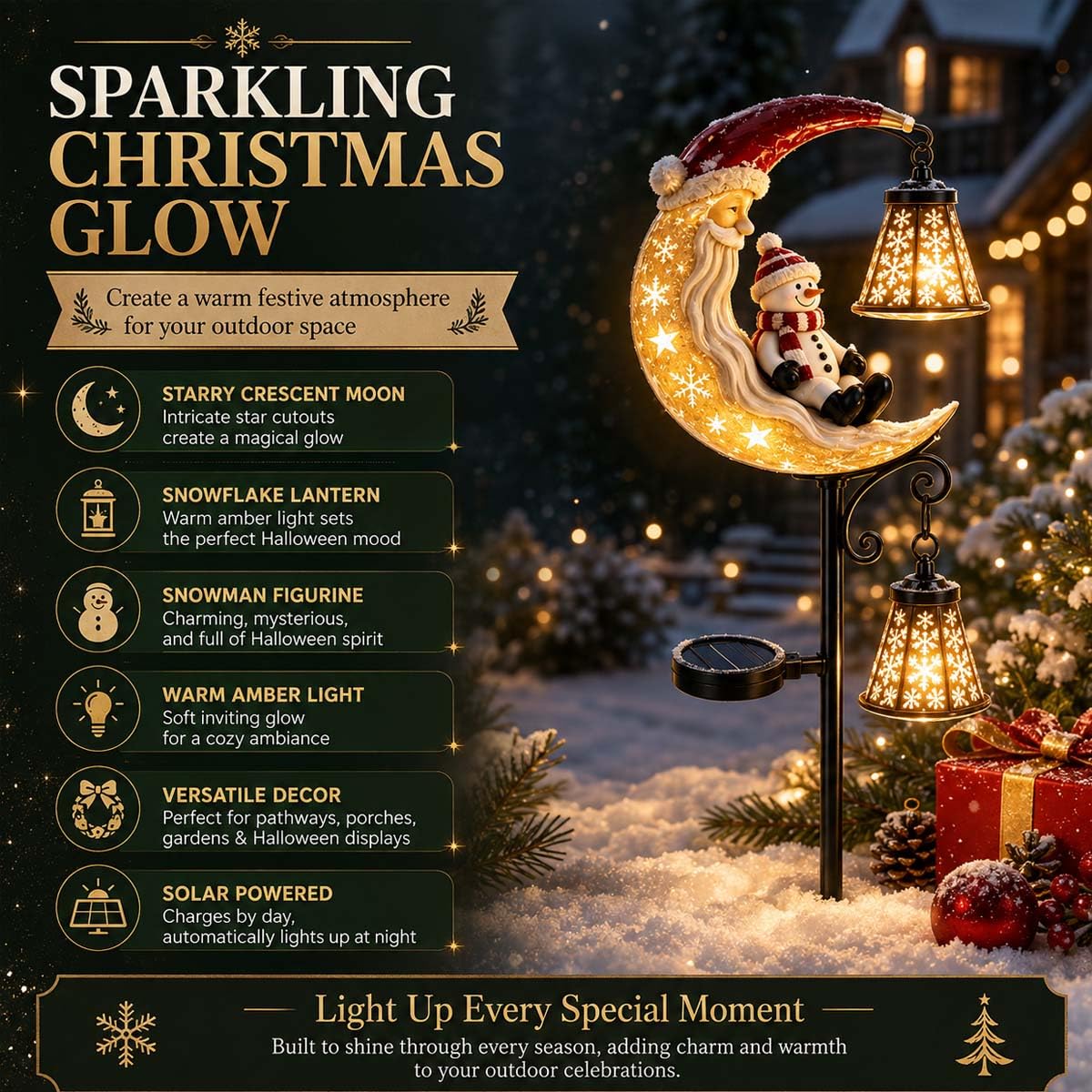 Solar Christmas Moon Snowman Lamp Post Decoration LED Stake Light