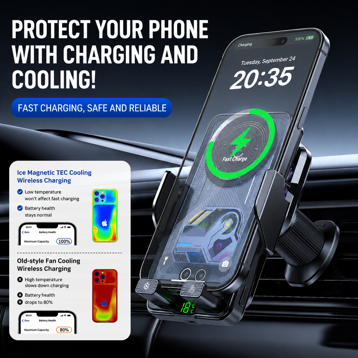 2026 New Cooling Wireless Fast Charging Car Phone Mount With Temp Display