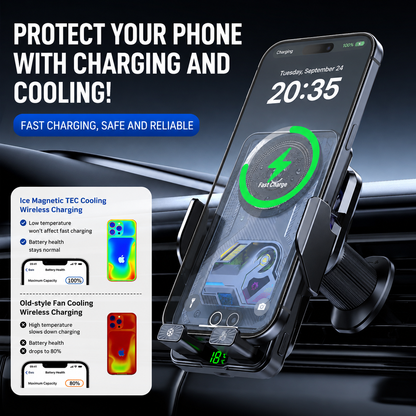 2026 New Cooling Wireless Fast Charging Car Phone Mount With Temp Display
