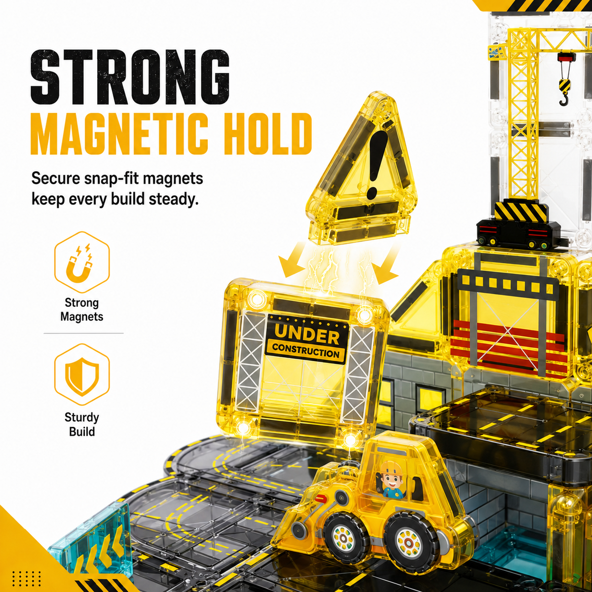 Construction & Halloween Castle Magnetic Building Tiles, STEM Toy with Tin Box for Kids 3+
