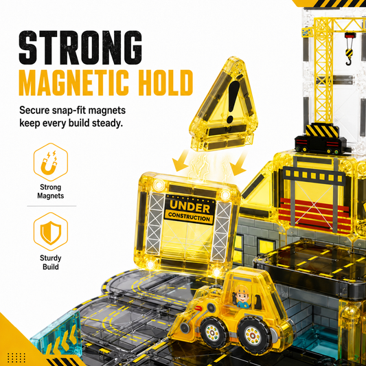 Construction & Halloween Castle Magnetic Building Tiles, STEM Toy with Tin Box for Kids 3+