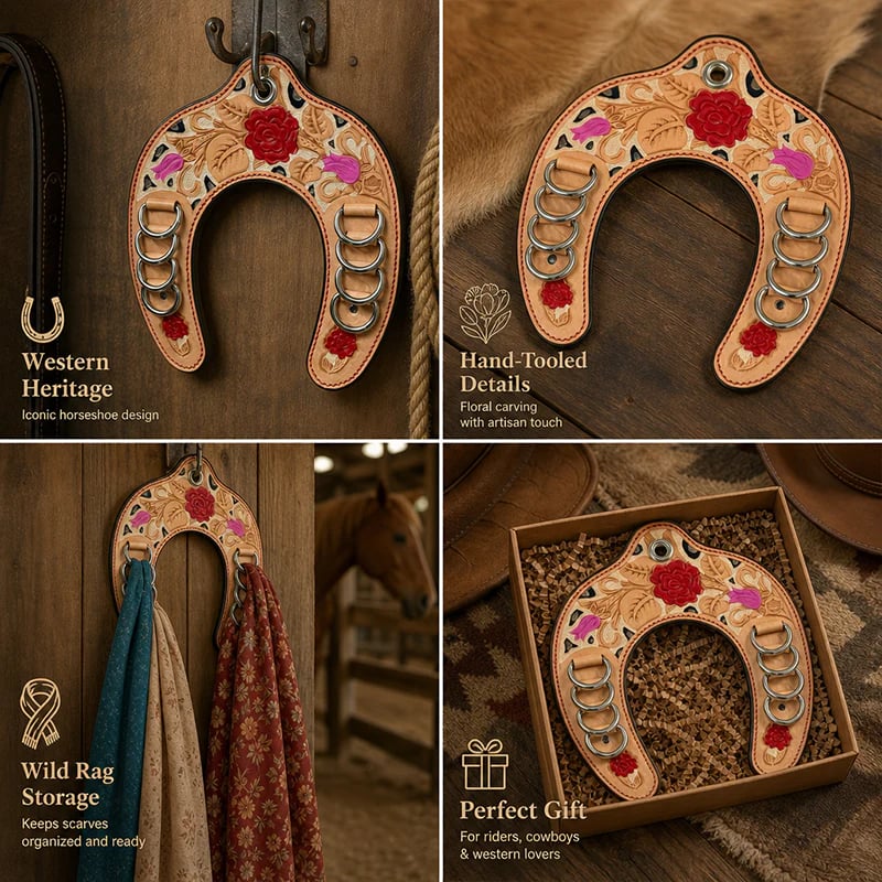 Handcrafted Leather Horseshoe Wild Rag Holder 🤠 | Western Scarf & Bandana Organizer