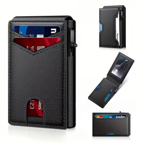 Front Pocket Men Aluminum Leather RFID Wallet | Pop Up Card & Cash Slots
