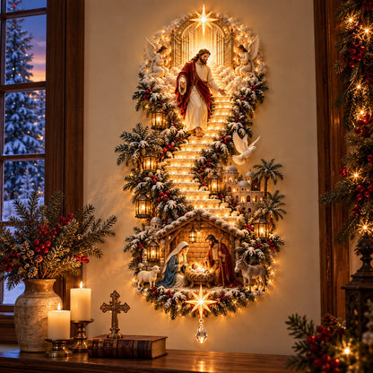 ✨Jesus Light of Heaven Christmas Wall Hanging | Illuminated Nativity Stairway Decor ✝️