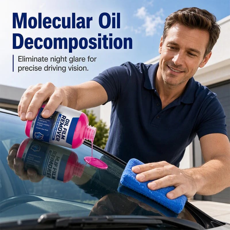 Man using oil film remover on car windshield with microfiber cloth
