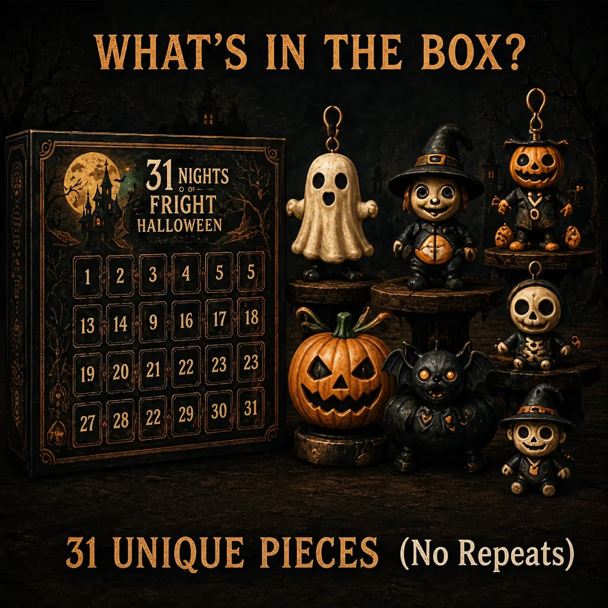 🎉🎃 Nights of Fright Halloween Countdown Box | Unique Mini Figurines, Hanging Charms & Spooky Collectibles 👻✨