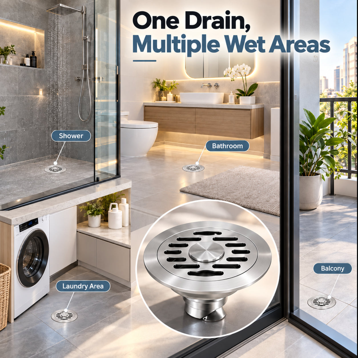 Stainless steel floor drain shown in shower bathroom laundry and balcony areas