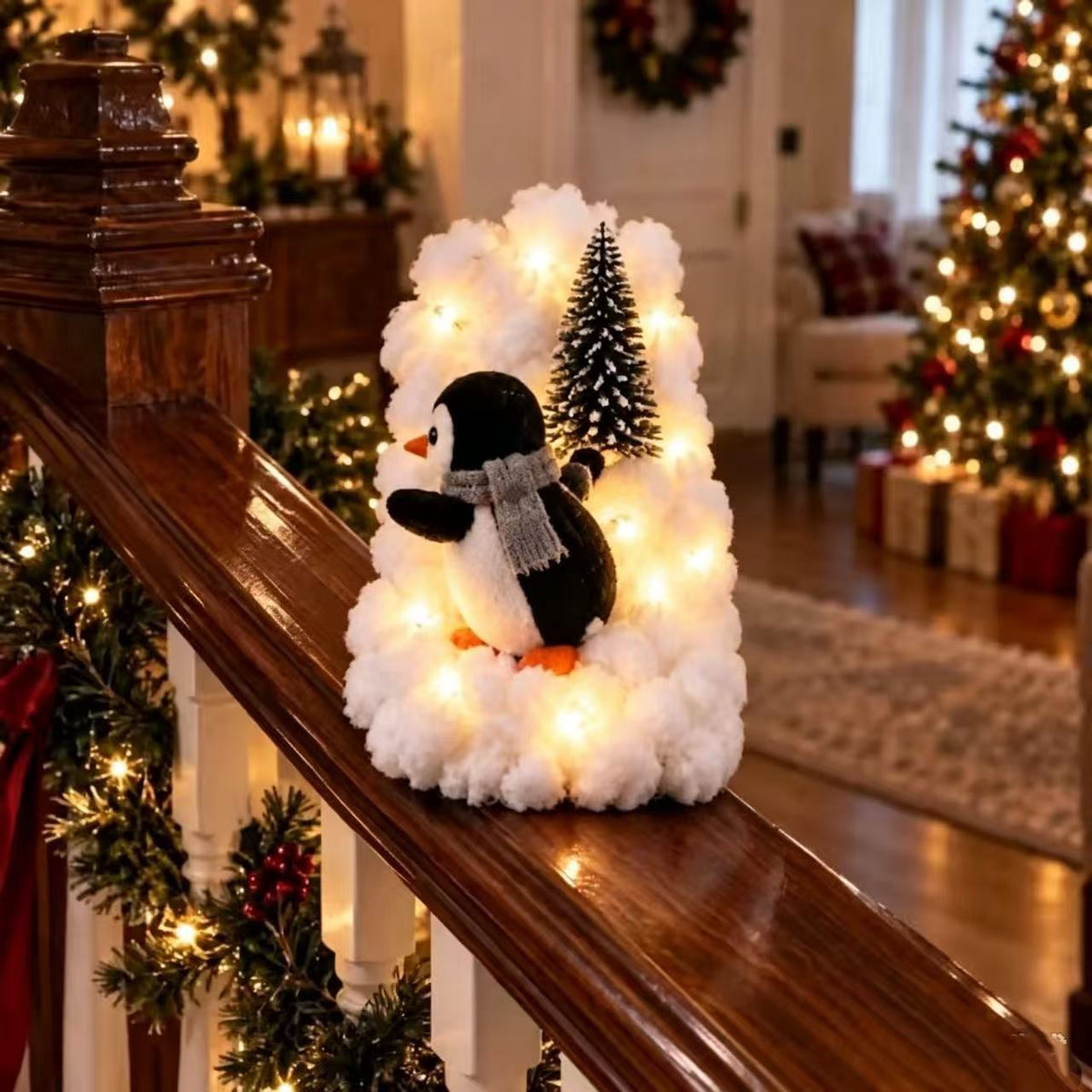 Playful Penguin Snowy Stair Railing Decor