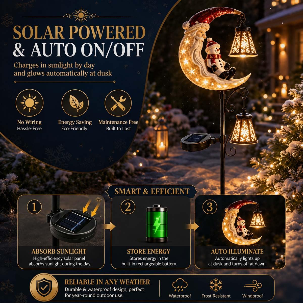 Solar Christmas Moon Snowman Lamp Post Decoration LED Stake Light