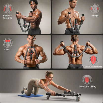 CT1 Hydraulic Chest & Arm Trainer, Adjustable 22‑440lbs Home Gym Equipment, with Ab Roller, Pad & Bag