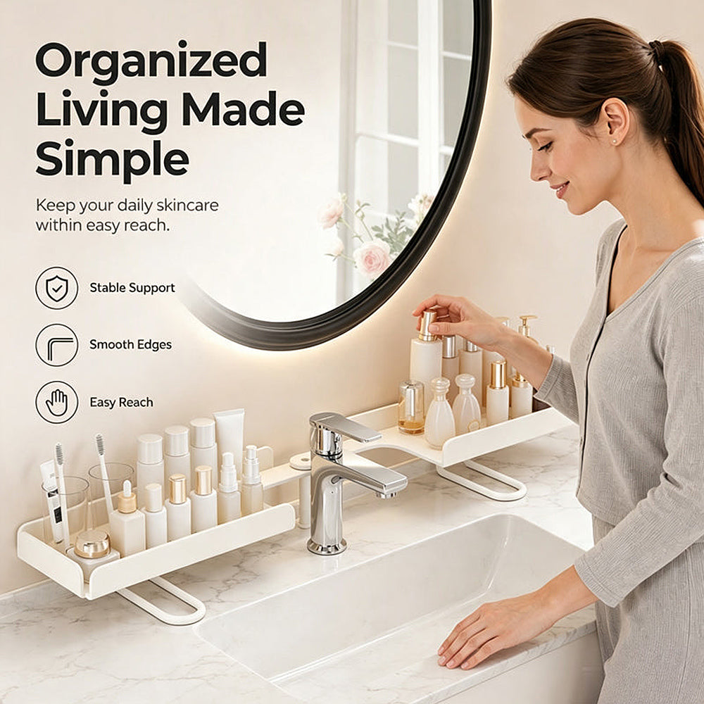 No-Drill Folding Bathroom Sink Storage Rack – Faucet-Mounted Organizer for Cosmetics & Toiletries