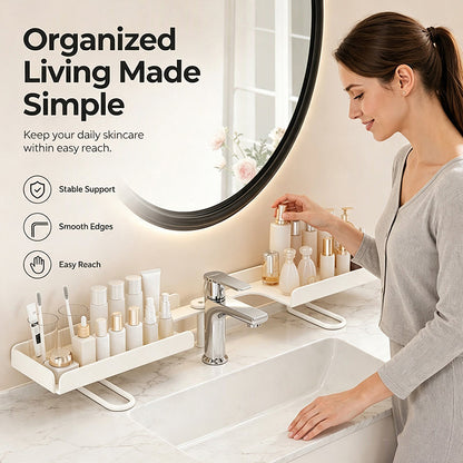 No-Drill Folding Bathroom Sink Storage Rack – Faucet-Mounted Organizer for Cosmetics & Toiletries