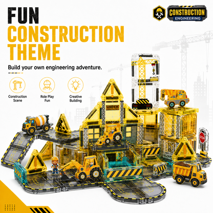 Construction & Halloween Castle Magnetic Building Tiles, STEM Toy with Tin Box for Kids 3+