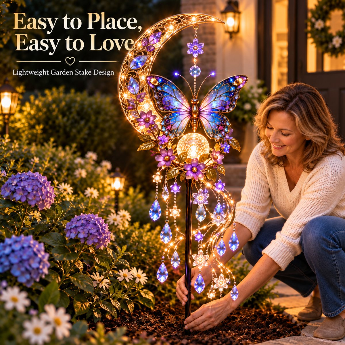 🦋Solar Butterfly Moon Crystal Cascade Garden Stake Light🌺
