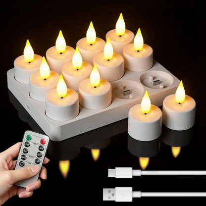 USB-C Rechargeable Remote LED Flameless Tealights with Charger & Timer