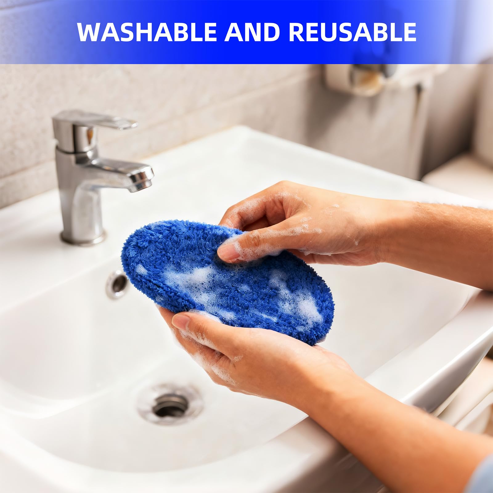 Person washing a reusable blue microfiber window cleaning cloth