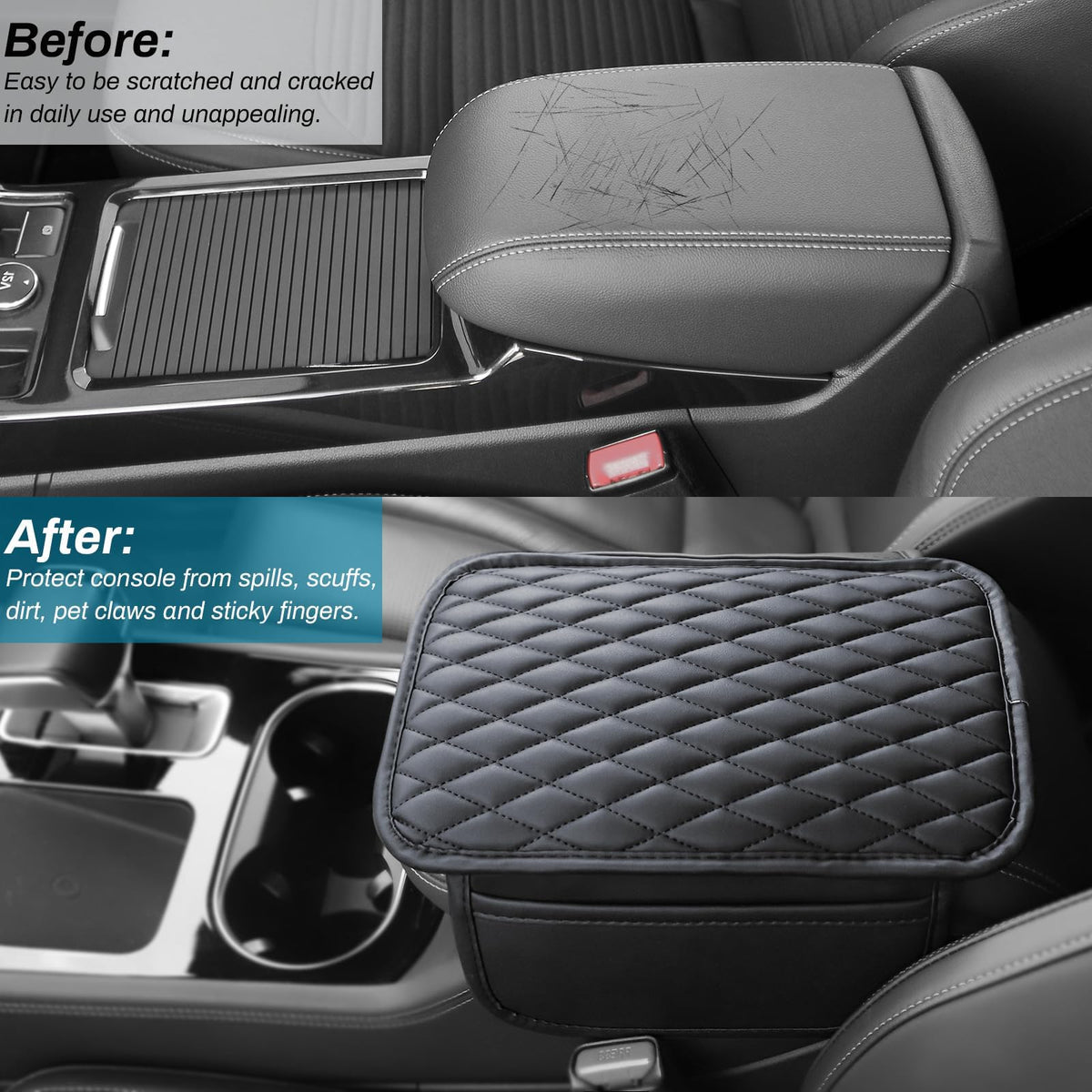 Microfiber Leather Car Armrest Cover with Memory Foam & Side Pockets🚙