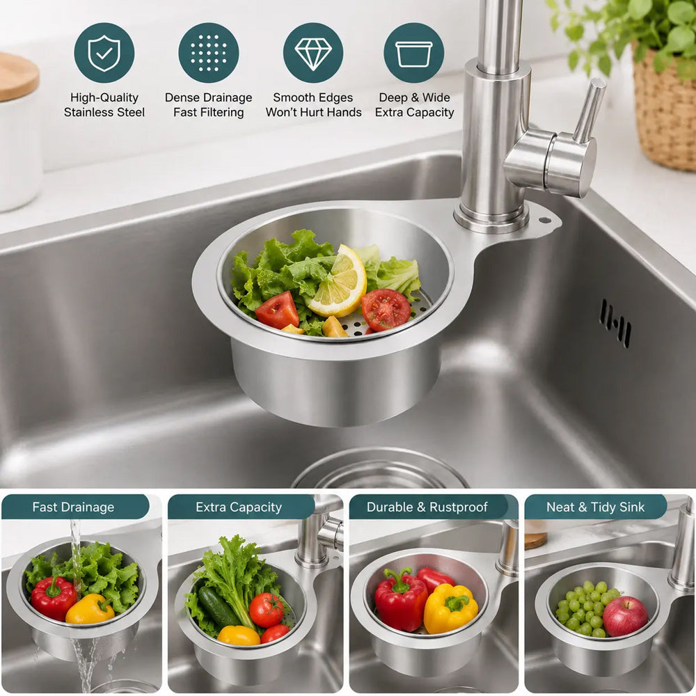 🧺 Stainless Steel Sink Drain Basket – Hanging Kitchen Organizer