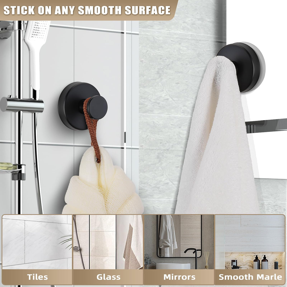 4pcs No-Drill Suction Cup Hooks for Bathroom & Kitchen, Holds Towels, Robes, Loofah on Glass & Mirror