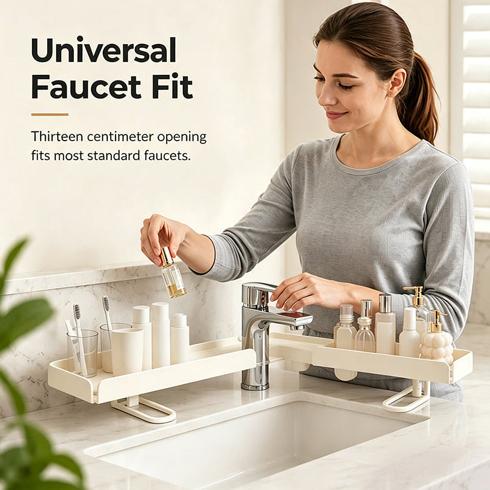 No-Drill Folding Bathroom Sink Storage Rack – Faucet-Mounted Organizer for Cosmetics & Toiletries