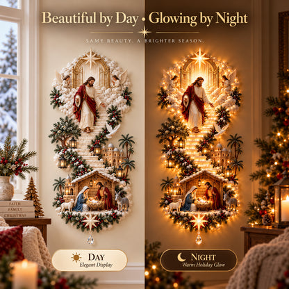✨Jesus Light of Heaven Christmas Wall Hanging | Illuminated Nativity Stairway Decor ✝️