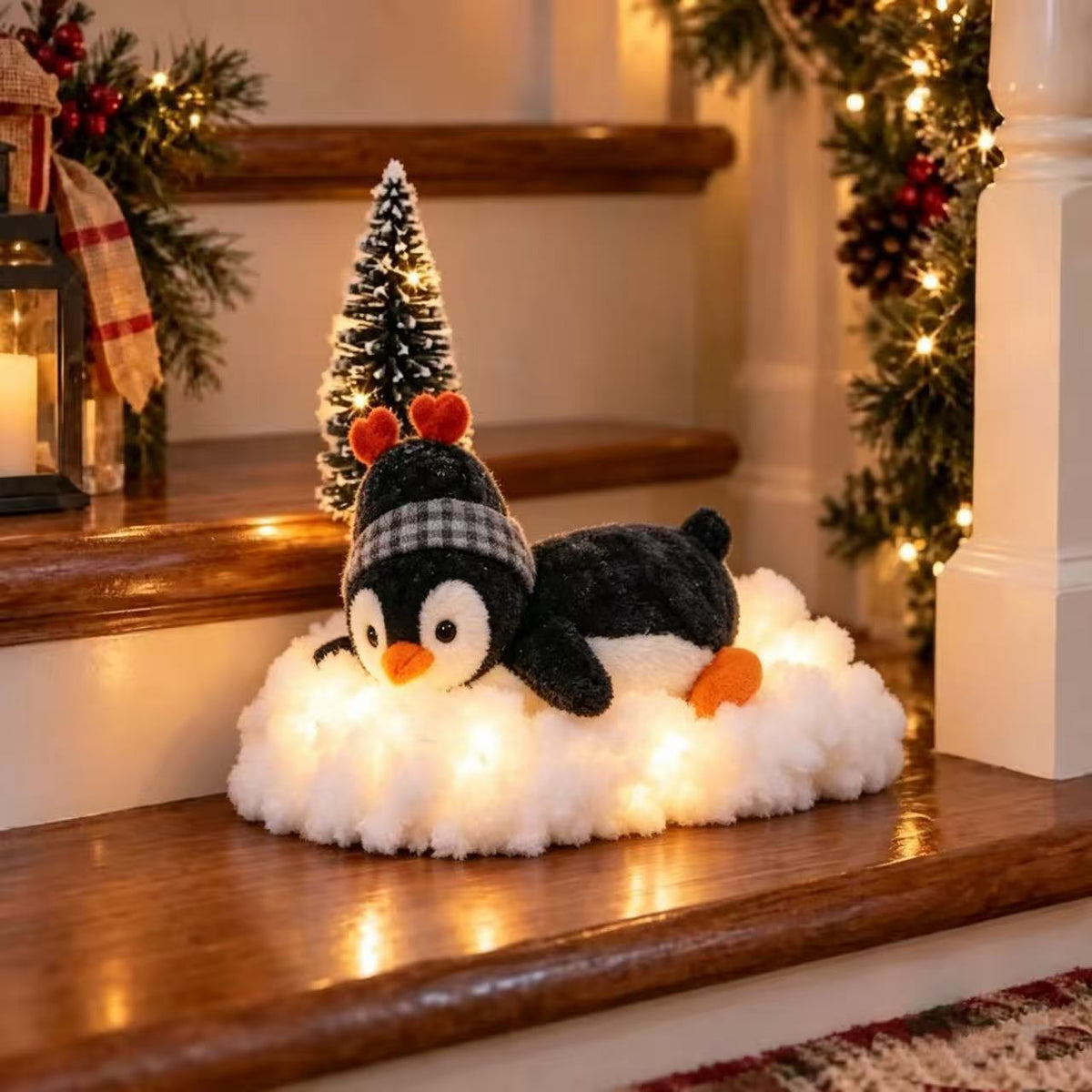 Playful Penguin Snowy Stair Railing Decor